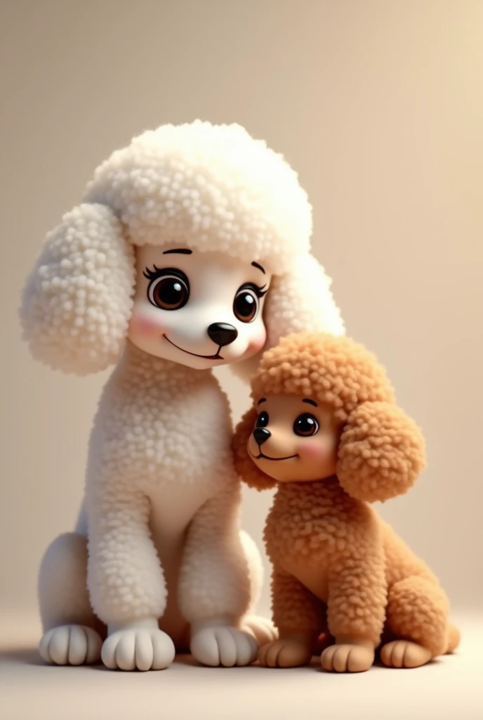 a white female Poodle with her brown female Poodle puppy
