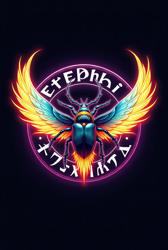 Create a Japanese style logo based on a kephri beetle projecting auras or ki from its outstretched wings using the colors fire orange, Light blue and lemon yellow with a background that fades from black to purple from the center outwards. Surrounding the image, write the word KEPHRI 3D in a Japanese-style font.