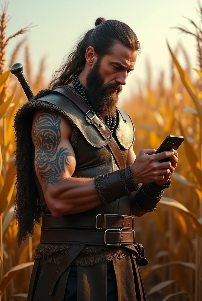 Warrior looking at his phone and corn in the background