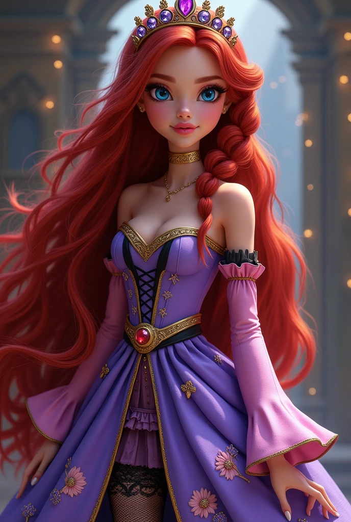 Imagem da filha da Darling Charming e da Holly O'Hair de Ever After High: Long, floor-length red hair with a side braid and light blue highlights, navy blue eyes, skin tanned, lilac dress top with pink sleeves with black strings, purple at the bottom with flowers, a golden belt around the waist, golden accessories, a purple tiara crown, black lace tights and gold heeled shoes