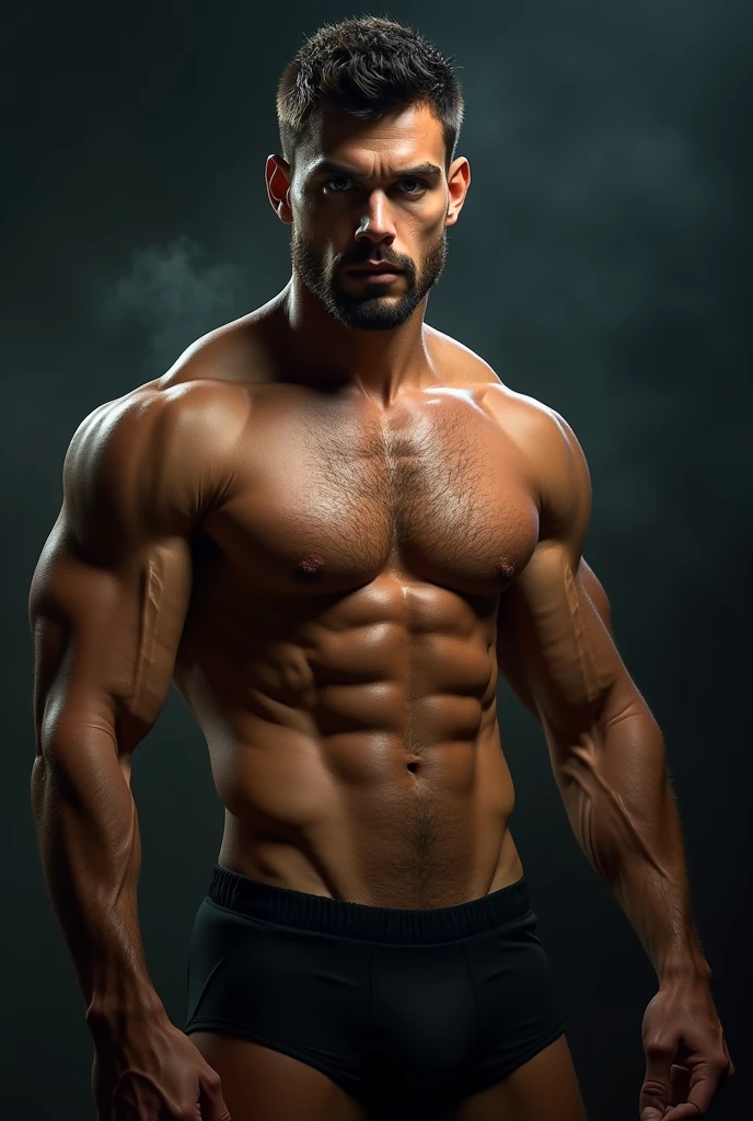 a muscular Brazilian man with beautiful detailed eyes, beautiful detailed big lips, extremely detailed face, blue eyes,chiseled abs, hairy chest, short black hair, wearing a tight black speedo, dramatic lighting, photorealistic, ultra-detailed, 8k, best quality, masterpiece