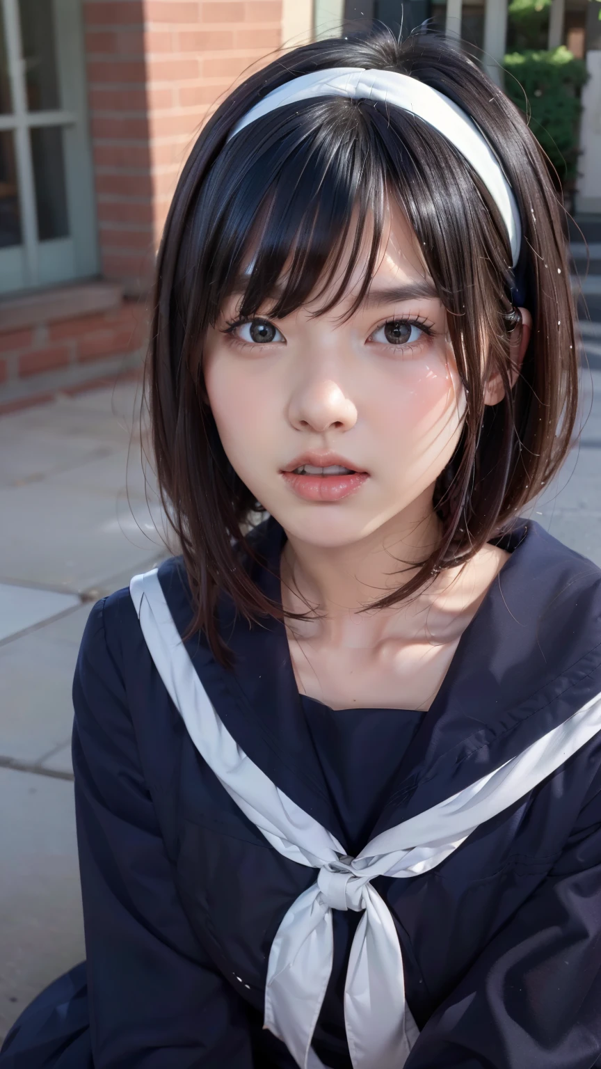 sailor suit, 8k, highest quality, masterpiece, Super detailed, ultra high resolution, realistic, RAW photo, absolute resolution, face is small compared to body, very small face, black hair, navy blue sailor uniform, Dark blue skirt, 3D rendering, realistic young school girl, (white headband:1.4), small breasts, expensive, slanted eyes, (school scenery), black stockings, open your mouth, bob cut,