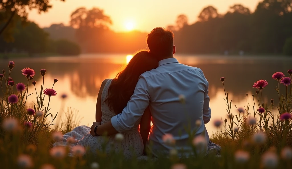 A man and a woman sitting in front of a lake, he has his head resting on the shoulder of , romantic scene, surrounded by flowers, gram, and the sunrise reflecting on the lagoon.
