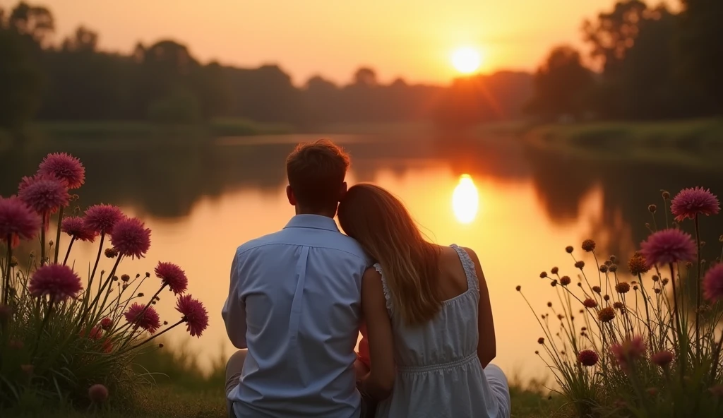 A man and a woman sitting in front of a lake, he has his head resting on the shoulder of , romantic scene, surrounded by flowers, gram, and the sunrise reflecting on the lagoon.