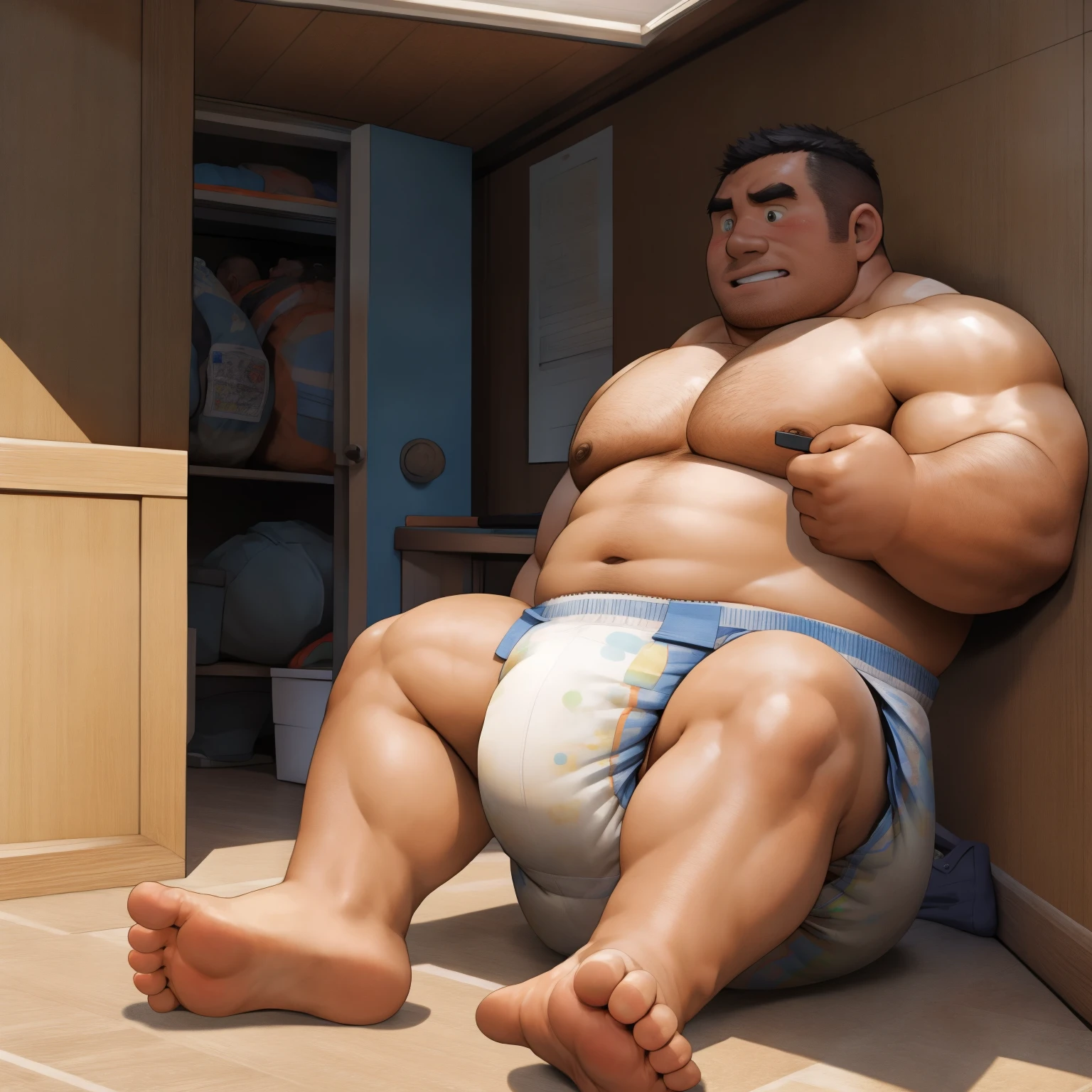 masterpiece, Top quality, in 32K, perfect anatomy, hyper detailed, super fine illustration, The thick man is a brutal prisoner, retarded, hairy, human, 50yo in japan, (fatness: 1.0), Fatty muscle, Bowleg, disappointment, incontinent, be diaper check by children, There is a small puddle under him, Naked, short legs, Bowleg, spread legs, wear a White cloth Diaper, Bare belly, Bare legs, Bare foots, Bare soles, Shirtless, wide forehead and short thinning hair, Man with round face with stubble, Bare foots, Bare soles, shy, sissy, Weaker than children, Drool, Round face, He enters nursery school and is despised by children, He is made to stand attention in the corner of the playroom, corner time, He surrounded by children, Bare foots, big butt, White Diaper, sobbing, There is a small puddle under him