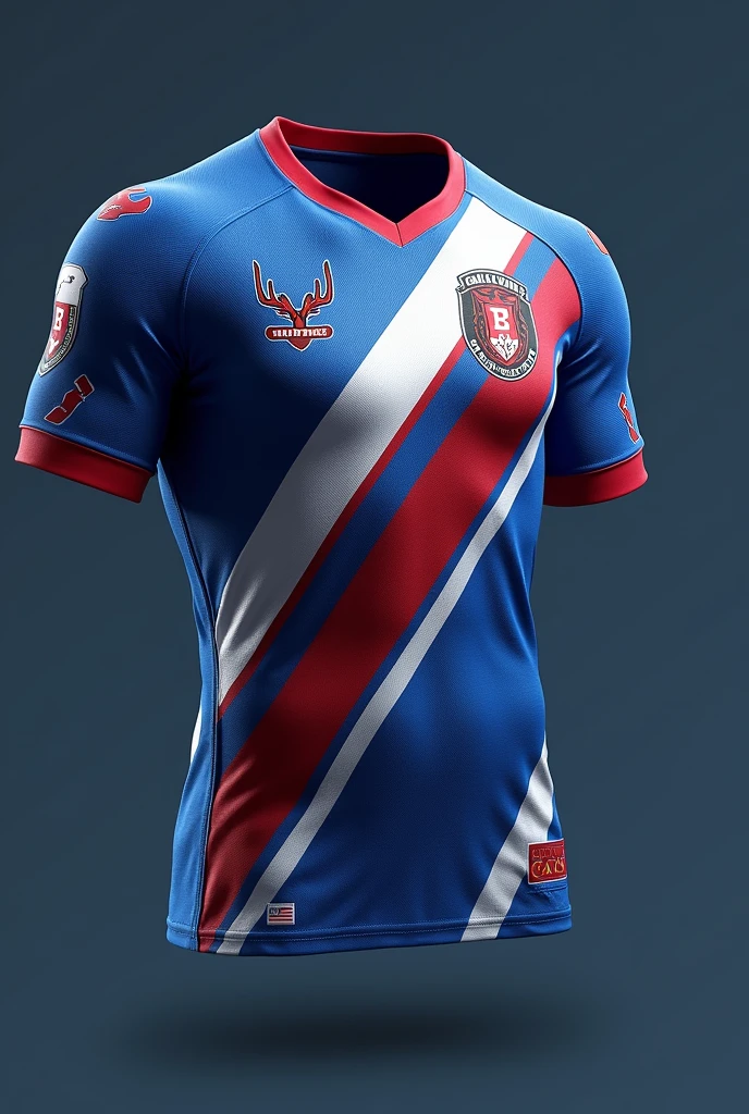 Football uniform design for the Venaditos B team.r.m. with colors: mostly blue and white with red and black trim a sleek futuristic design with a deer on the front full uniform