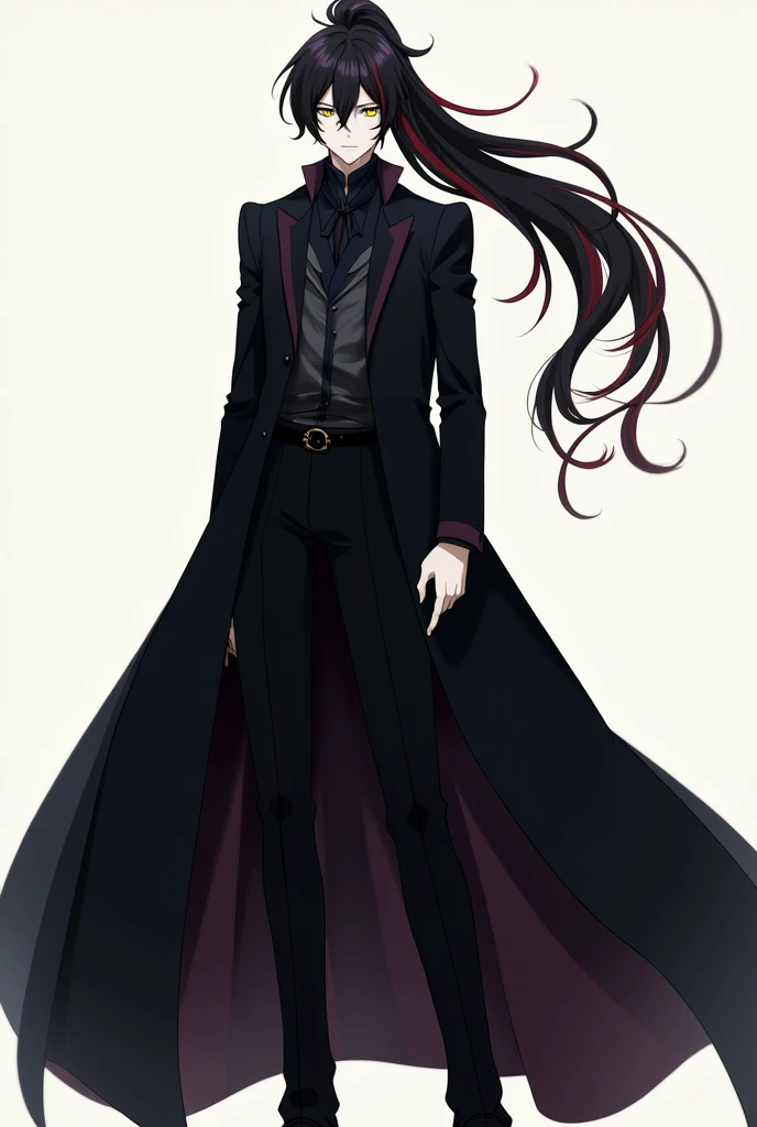 Create a white MALE anime style character with long, voluminous black hair tied in a ponytail with some red streaks and yellowish eyes and wearing long clothes and a black coat.