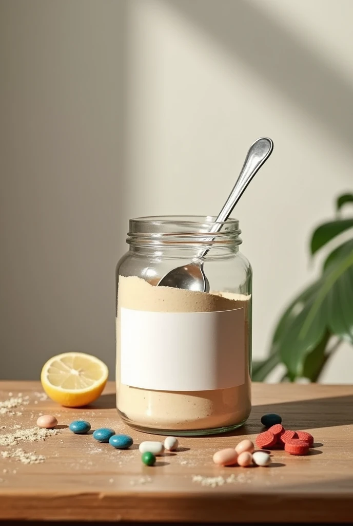 jar of protein next to vitamin pill tablets on a wooden table