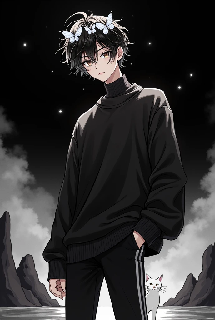 A 20 year old boy (manhwa bl style) with wavy and messy black hair, large, drooping, light brown eyes, with an oversized black sweater and black flared pants, She wears black boots with white stripes and in her hair she has a crown with balcony-colored butterflies that look like crystal.. (the background is black and you can see small mountains and there is a white cat in the background)