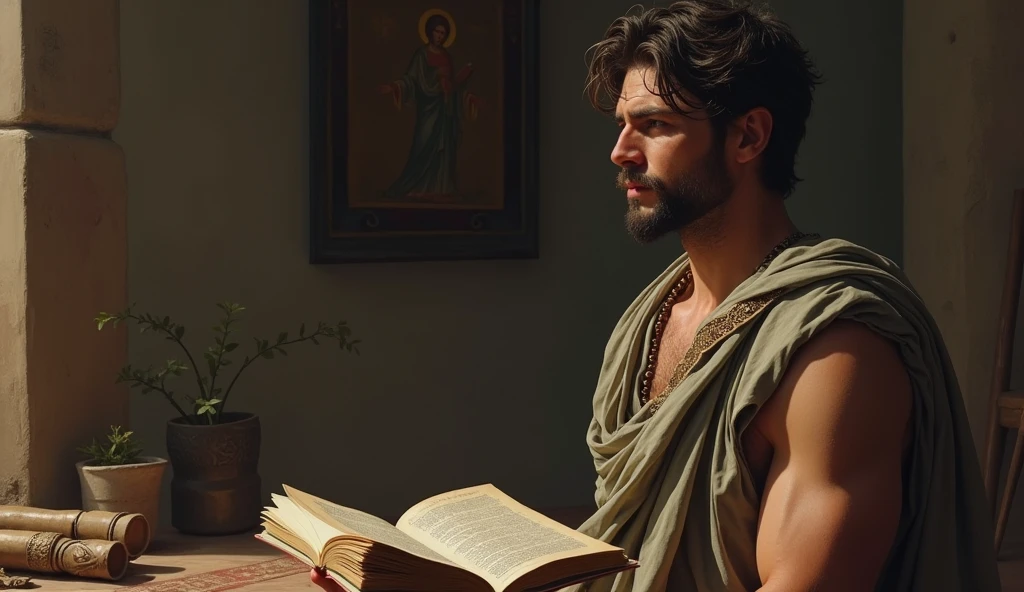 A young, handsome Stoic philosopher with a well-proportioned and attractive physique, sun-kissed skin, very short and well-trimmed beard, and wavy and well-styled hair. He is dressed in classic tunics in soft earthy tones - gray, brown, and olive green - with subtle gold and copper details, which fall gently on his body, subtly revealing his shoulder. He is shown in a dimly lit Roman study or meditation room, surrounded by symbols of rigid beliefs such as ancient texts, religious icons, and philosophical scrolls. The atmosphere is tense, emphasizing the philosopher's internal struggle with his adherence to dogmatic principles. The scene is painted in an impressionist style, with dramatic brushstrokes capturing a mix of shadows and muted light to convey the restrictive nature of excessive piety. Camera shot: medium shot, Camera: Nikon D850, Lens: 135mm+, Film stock/Resolution: High Resolution, Quality: 8K, detailed, Render: Octane Render.