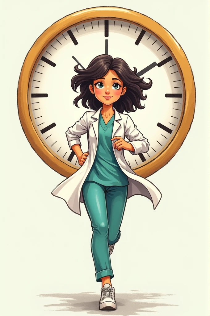 Image of a thoughtful female healthcare student, running against time, with big clock, com olhos castanhos, in illustrated drawing