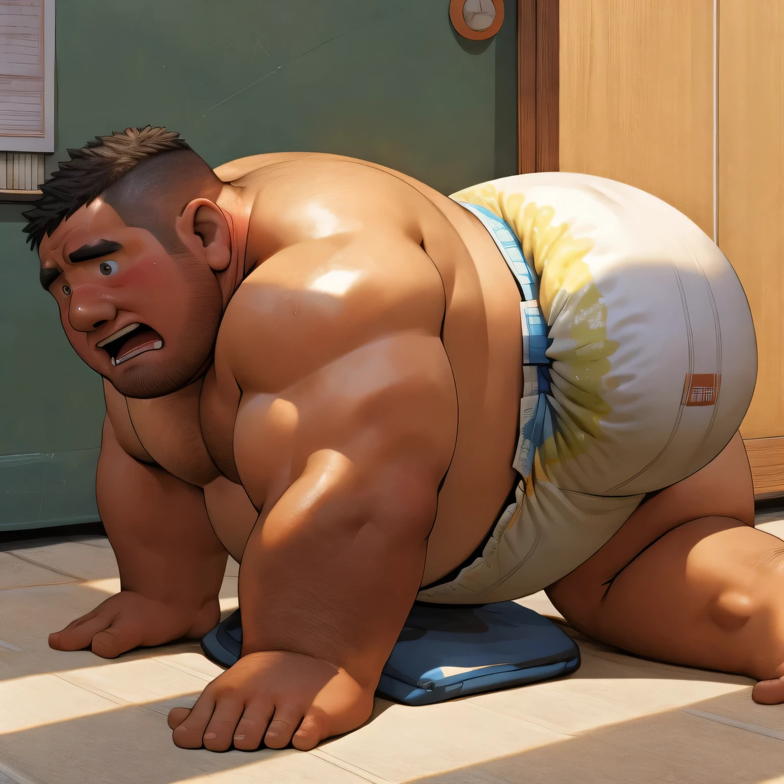 masterpiece, Top quality, in 32K, perfect anatomy, hyper detailed, super fine illustration, The thick man is a brutal prisoner, retarded, hairy human, 50yo in Japan, (fatness: 1.0), Fatty muscle, Bowleg, disappointment, incontinent, be diaper check by children, waddle, There is a small puddle under him, incontinent, Naked, short legs, Bowleg, spread legs, wear a White cloth Diaper, Bare belly, Bare legs, Bare foots, Bare soles, Shirtless, wide forehead and short thinning hair, Man with round face with stubble, Bare foots, Bare soles, shy, sissy, Weaker than children, Drool, Round face, steams, Solo, He enters nursery school and is despised by children, He surrounded by children, His bottom is wet, Bare foots, big butt, he is scolded by the children, White Diaper, He surrounded by children, sobbing, wear a White cloth Diaper, shirtless, There is a small puddle under him, He enters nursery school and is despised by children, big butt, sobbing, He crawling to go to children, on all fours, side view