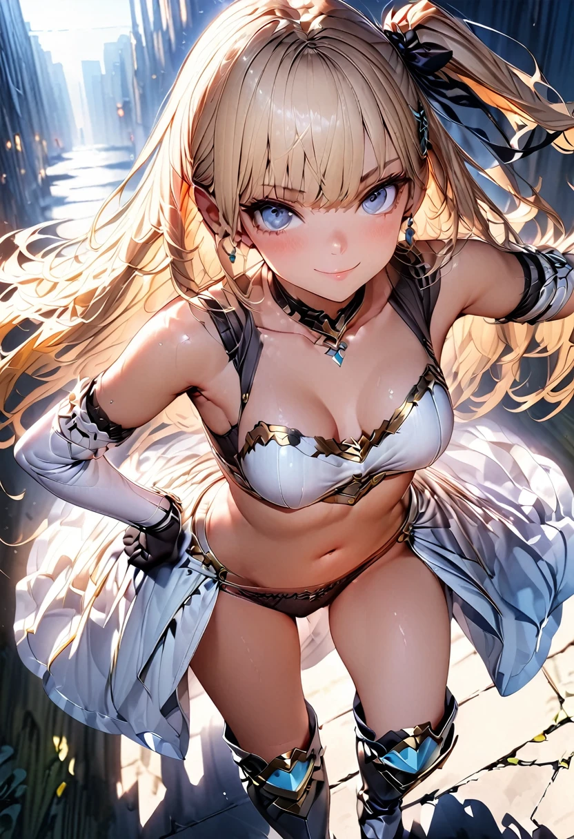 (masterpiece),(best quality),(ultra-detailed),(best illustration),(best shadow),(absurdres),(detailed background),(very aesthetic), 1girl, solo, ((blonde-hair)), armor, blue-eyes, navel, full-body, boots, panties, high-heels, underwear, gloves, breasts, looking-at-viewer, high-heel-boots, black-gloves, black-panties, armored-boots, standing, bare-shoulders, hair-ornament, simple-background, midriff, very-long-hair, skirt, showgirl-skirt, greaves, collarbone, cleavage, gauntlets, one-side-up, bikini-armor, shoulder-armor, smile, pauldrons, medium-breasts, breastplate, hand-on-own-hip, hair-ribbon, ribbon, floating-hair, white-skirt, closed-mouth, armpits, waist-cape, armored-dress, elbow-gloves, knee-boots
