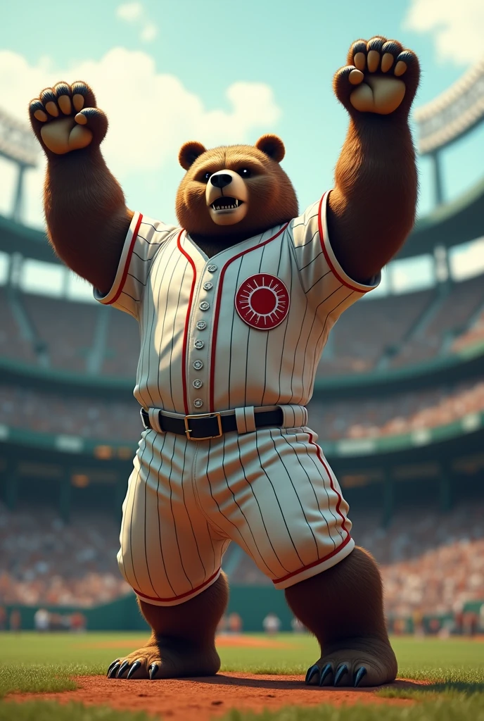 Create an image of a very aggressive and muscular Japanese bear wearing a baseball outfit at the stadium and this bear has his arms up celebrating victory.. It was full 4K image high quality photo realistic Made composition in photoshop Cinematic With 50 mm lens background blur the image has to transmit Energy creativity of dynamism