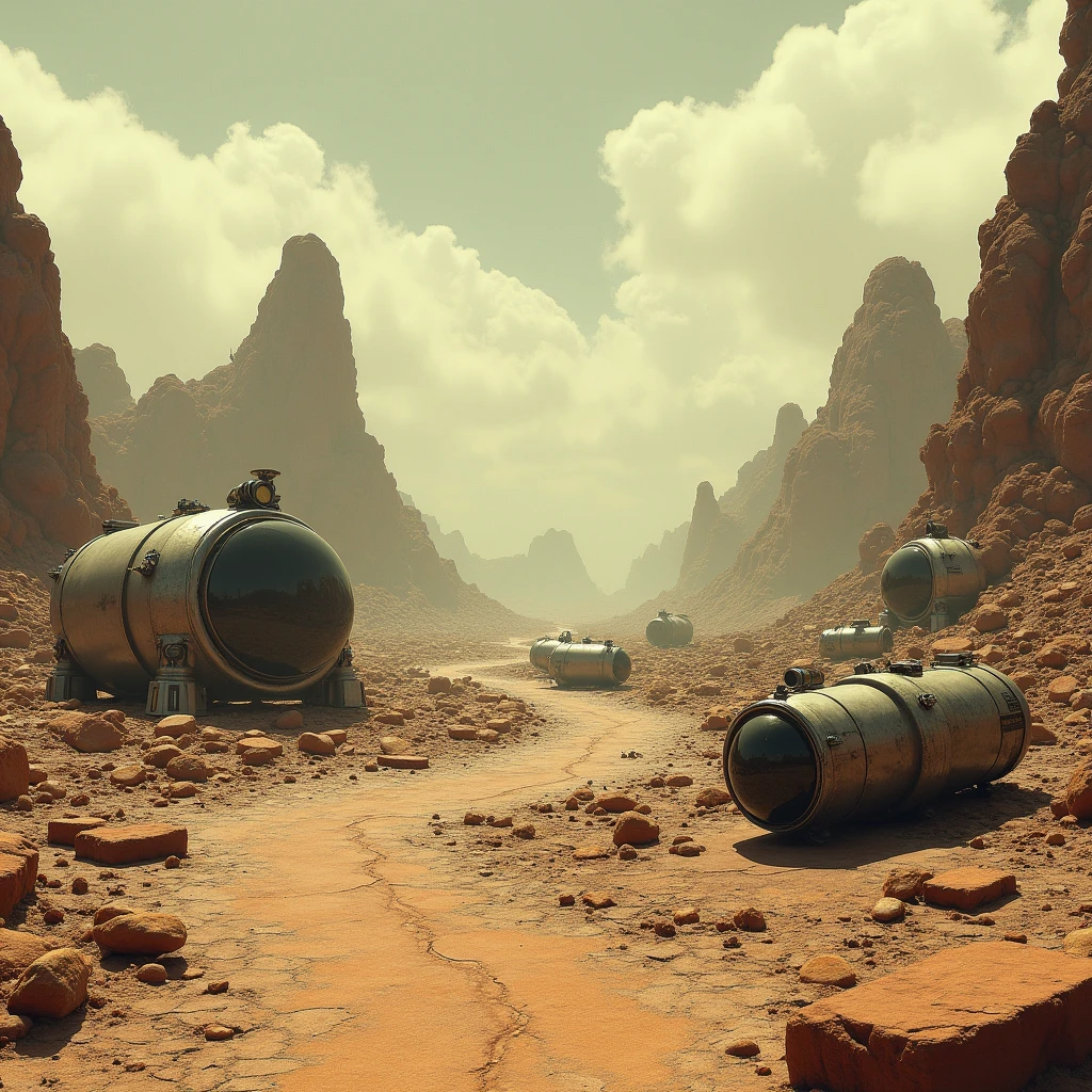 A post-apocalyptic scene in the style of fallout, 1950's style concept art, with antique cyberpunk artifacts scattered across the scene