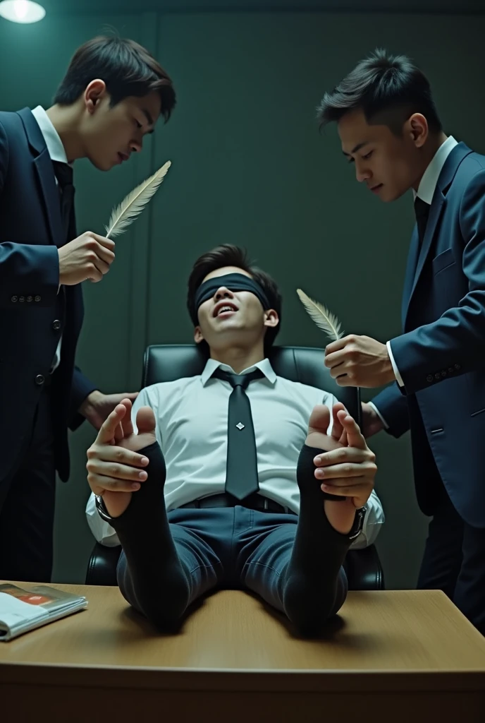 Malaysia malay handsome 21 years celebrity
His hand tied up in warehouse
Blindfolded
Hand handcuff
Formal Outfit
feet on desk
feather
shoes on desk
5 toes each feet
Black sock
Poison effect smelly sock
2 man holding feather tickle his feet
He laugh very hard