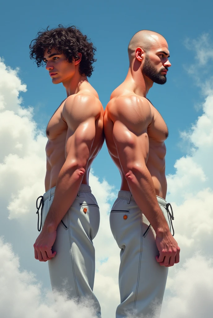 A 2D picture of 2 white man standing back to back looking my way on a cloud one white shoulder length black type 2 curly hair and the other one with a bald bodybuilder and naked