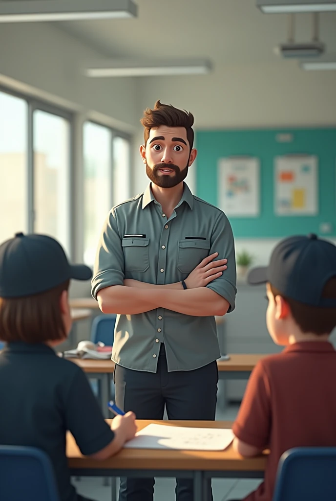 Create a photo of a teacher and two students, one of them in uniform and the other in a cap. 
