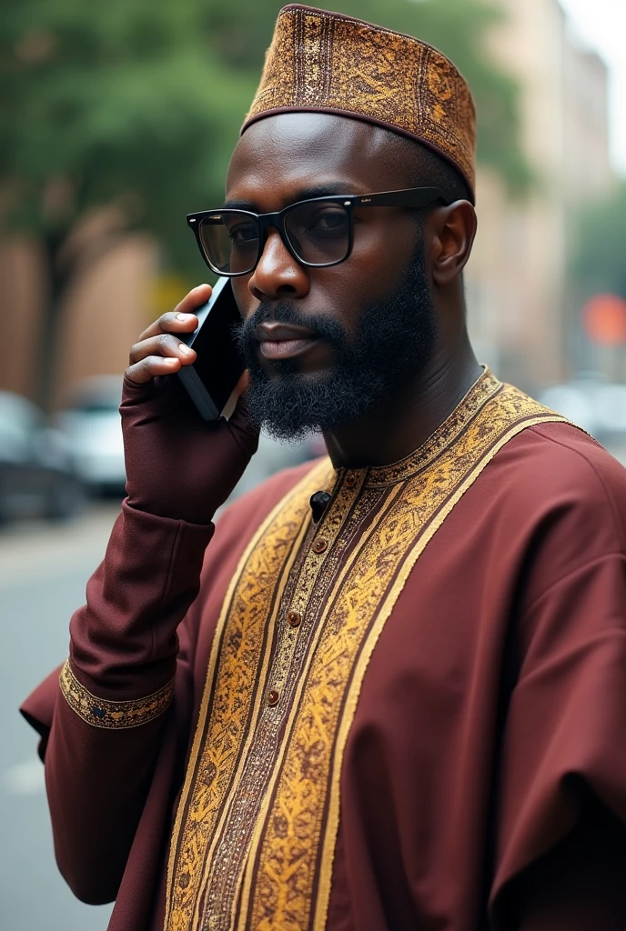Photo 1 : jeune homme d’affaires noirs,grand détaille ,barbu,la quarantaine,habille en habits chapeau et gants traditionnels le képi complet tissée de fille traditionnel de l’extrême nord du Cameroun,qui est entrain de parlé au téléphone et il porte des lunettes très noir fumer qui regarde à gauche