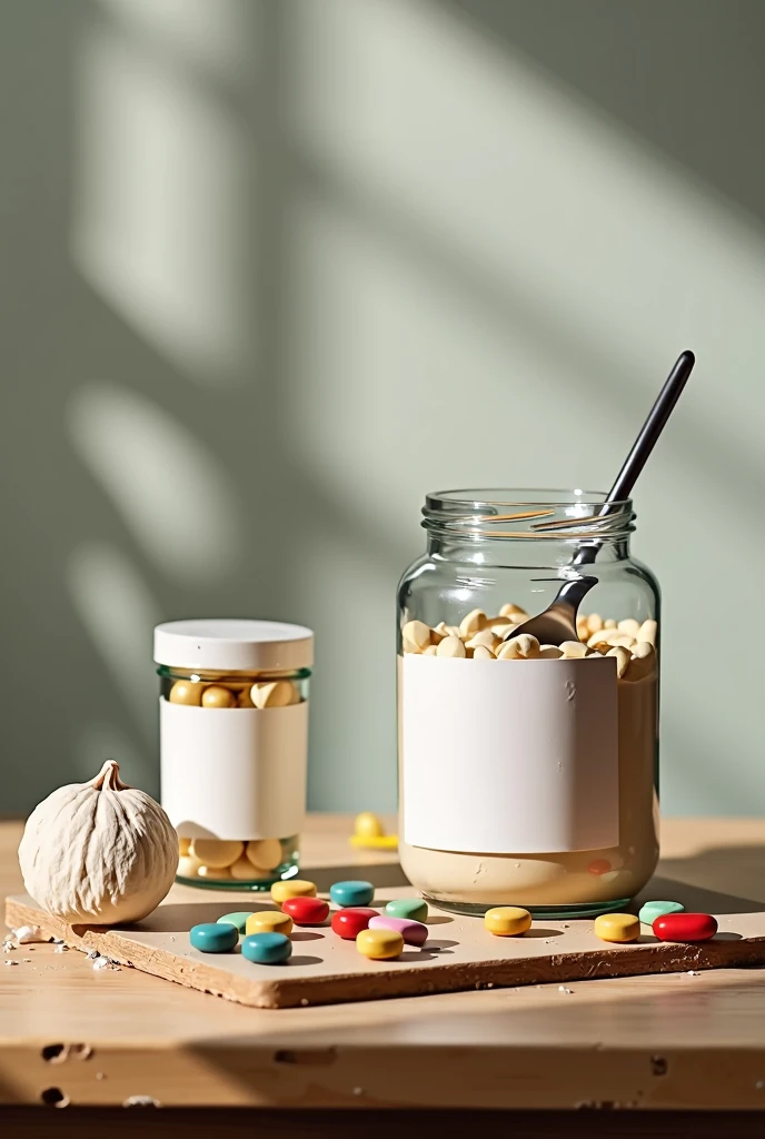 jar of protein next to vitamin pill tablets on a wooden table