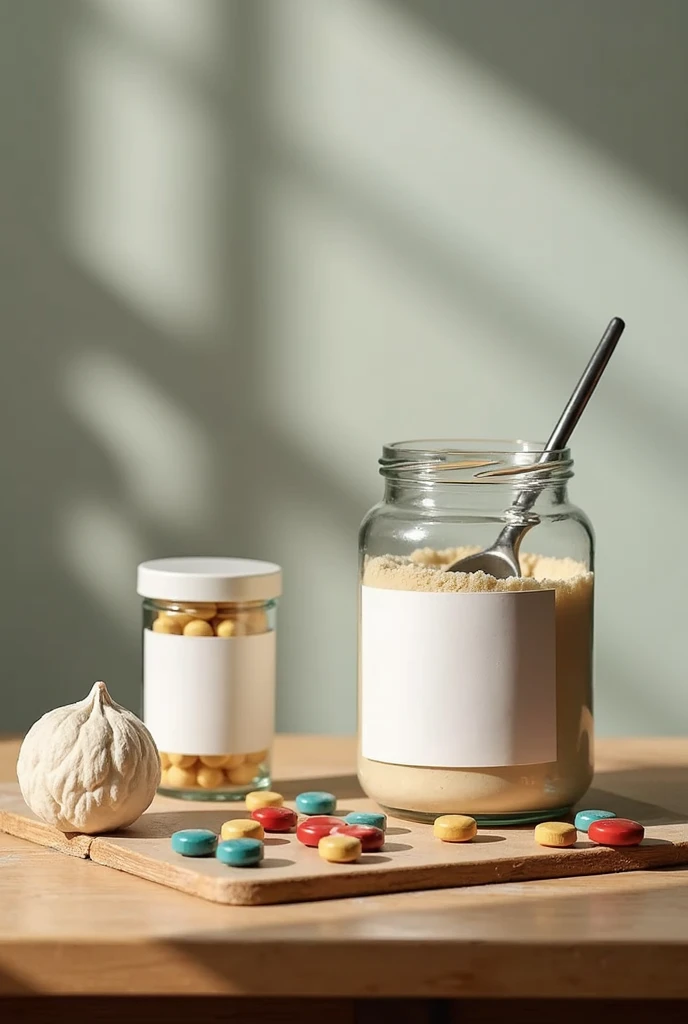 jar of protein next to vitamin pill tablets on a wooden table