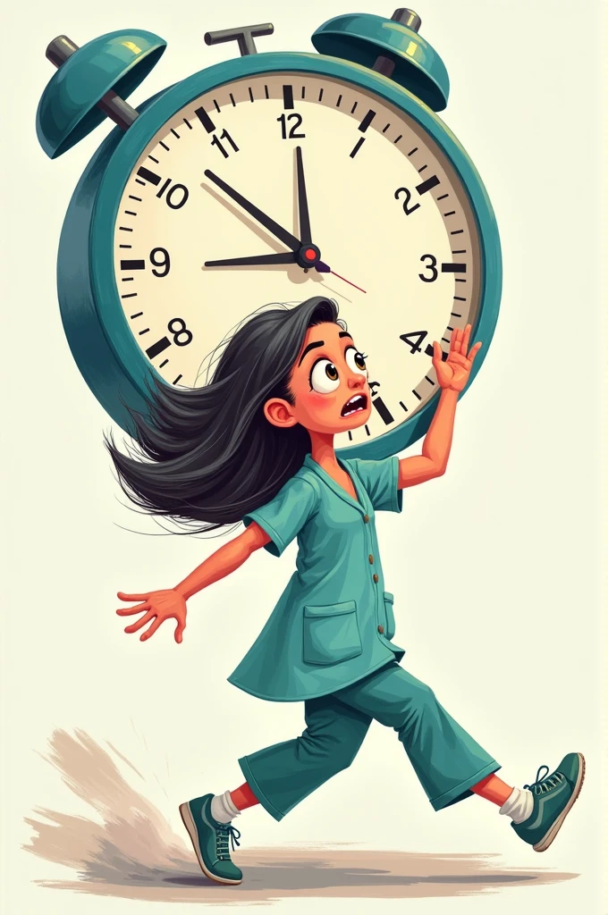 Image of a worried female healthcare student racing against time, with big clock, com olhos castanhos, in illustrated drawing