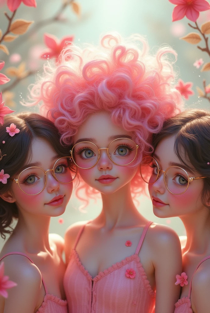 Three girls as blossom people, one has curly hair, and the two others with glasses