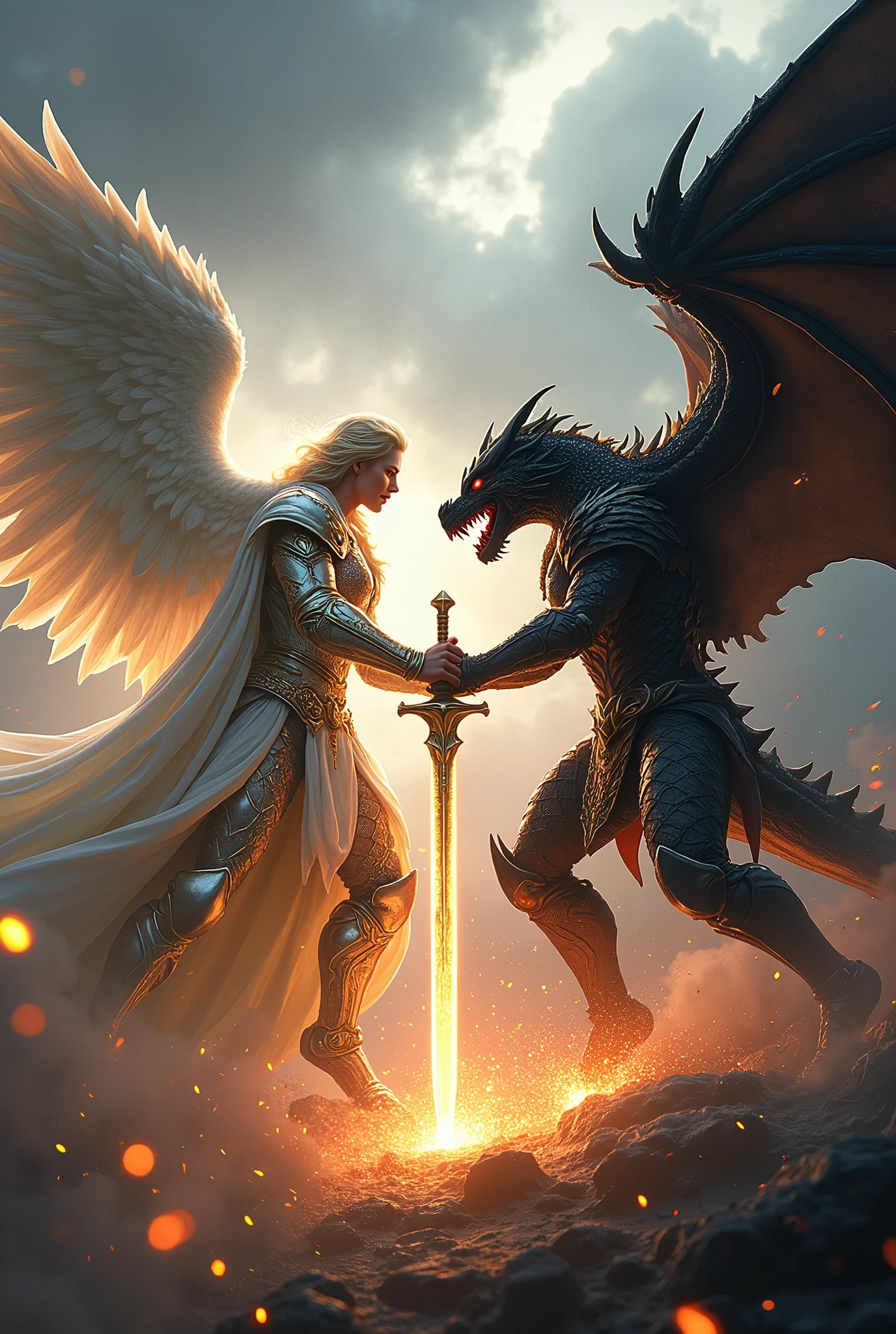 of a fight, of a heavenly warrior, in white armor with gold details and a long sword and angel wings. against a dark warrior in dragon armor with a long, dark sword, and with dragon wings on the back and red eyes: