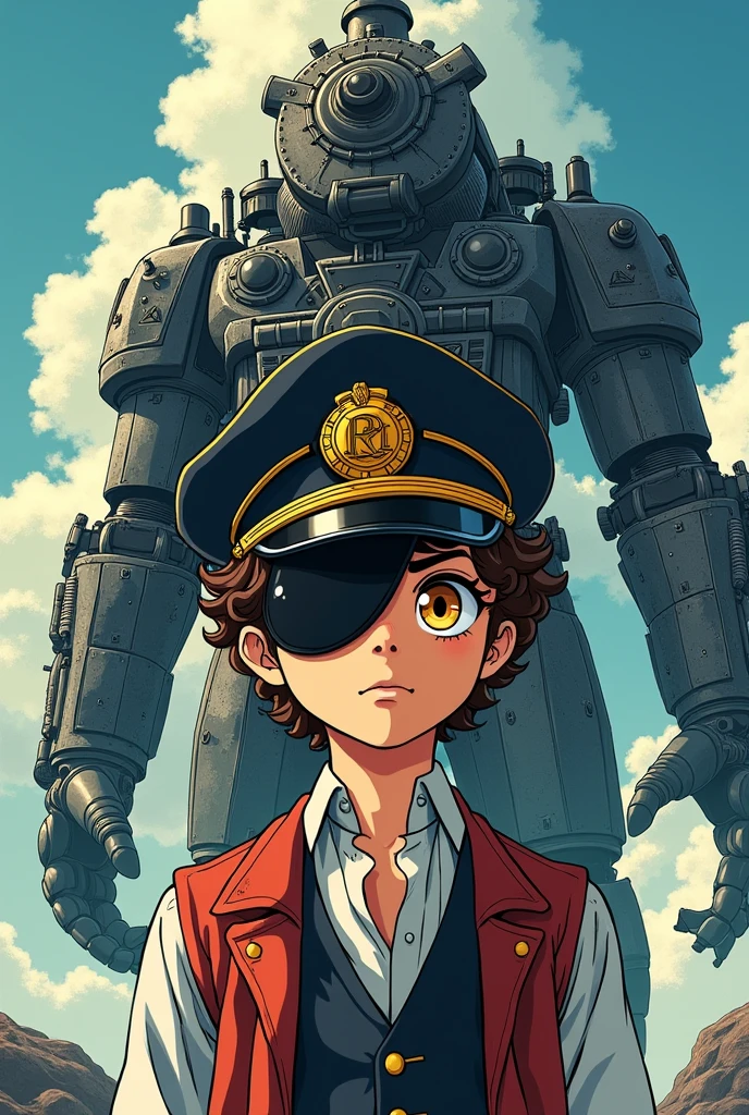 manga style poster with in the foreground a young boy with curly brown hair and yellow eyes dressed like a loyal gentleman with an admiral's cap and a mask covering the left half of his face And in the background a huge monster made of train parts