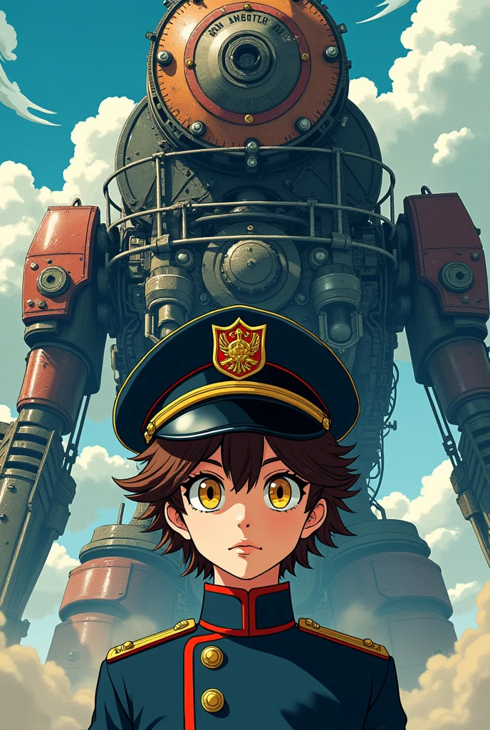 
manga style poster with in the foreground a young boy with curly brown hair and yellow eyes dressed like a loyal gentleman with an admiral&#39;s cap and a mask covering the left half of his face And in the background a huge monster made of train parts