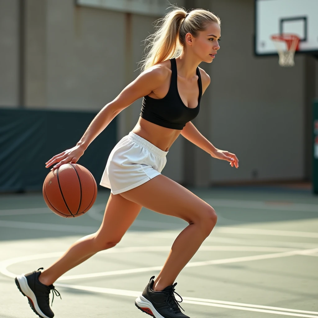 Gorgeous Blonde , is playing basketball, wearing basketball shoes, a very short white mini skirt, and a sexy black top. Her hair is tied in a ponytail.