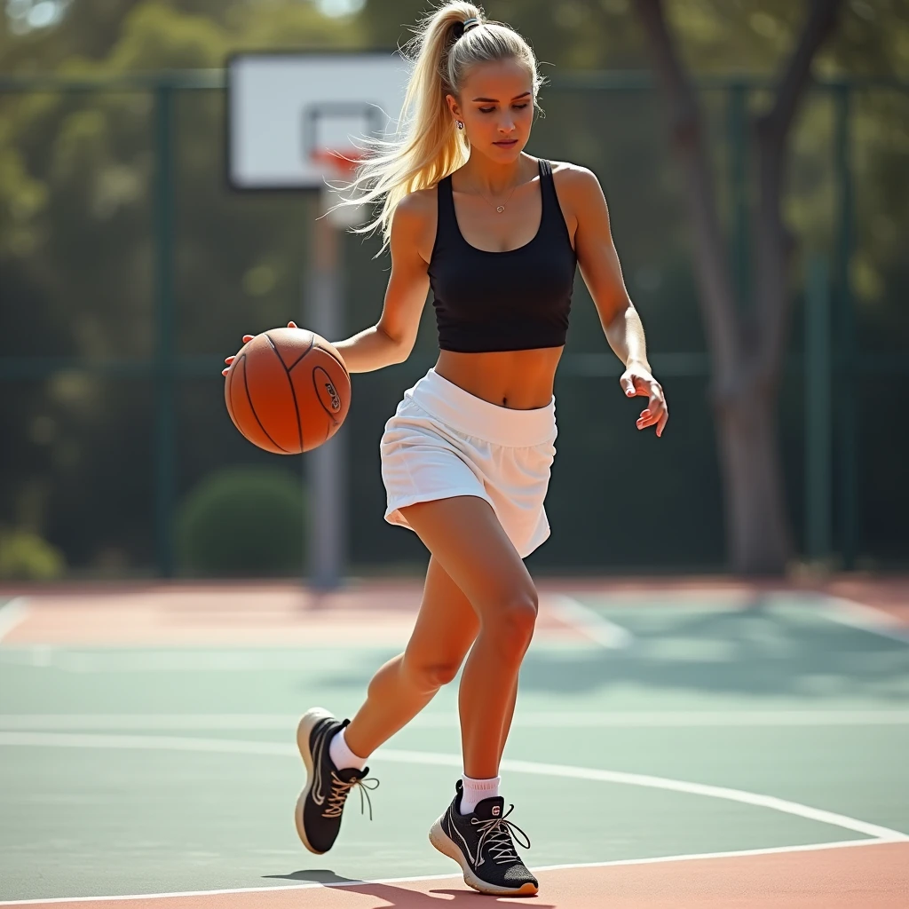 Gorgeous Blonde , is playing basketball, wearing basketball shoes, a very short white mini skirt, and a sexy black top. Her hair is tied in a ponytail.
