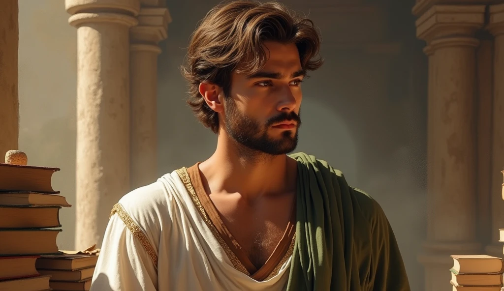 A young, handsome Stoic philosopher with a well-proportioned and attractive physique, sun-kissed skin, very short and well-trimmed beard, and wavy, well-styled hair. He is dressed in classic tunics in soft earthy tones - gray, brown, and olive green - with subtle gold and copper details. The scene shows him in a practical situation, such as assisting others or making a crucial decision, demonstrating his application of mental clarity and serenity. The environment is dynamic and realistic, with elements reflecting the practical nature of his actions. The setting should highlight the distinction between the reality of the situation and the idealized version of life, focusing on his actions driven by knowledge and truth.