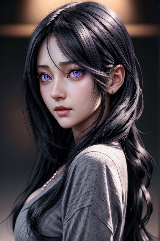 Gorgeous anime woman with long black hair,, purple eyes,, fair skin . Casual clothing. , Realism style. CGI animation. 3D style. 4K anime close up portrait.