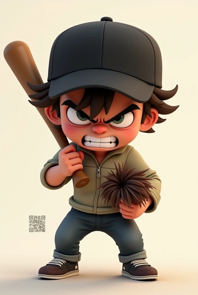 Animated character with a black cap, mad face, with hair in one hand and a bat in the other hand