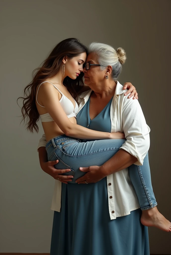 Create a photo of a 20 year old young woman, with a slender and beautiful body, wearing jeans and an open white shirt and is braless, with white and clear skin, with long brown hair and being picked up and carried in the arms of a 90 year old elderly lady, obese woman who has dark black skin and is wearing a blue dress and glasses