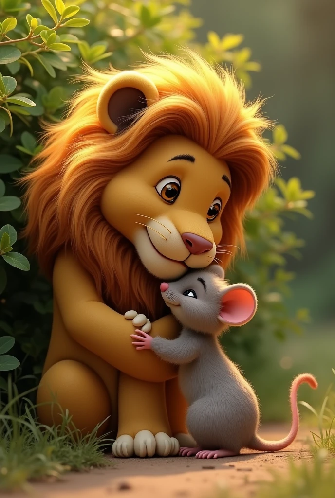 A mouse hugging a lion next to a bush