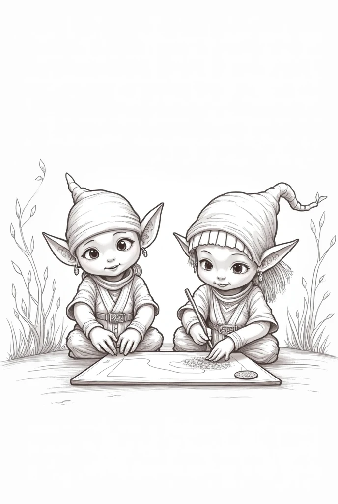 Playful elves, drawing without filling, only outline, realisitic