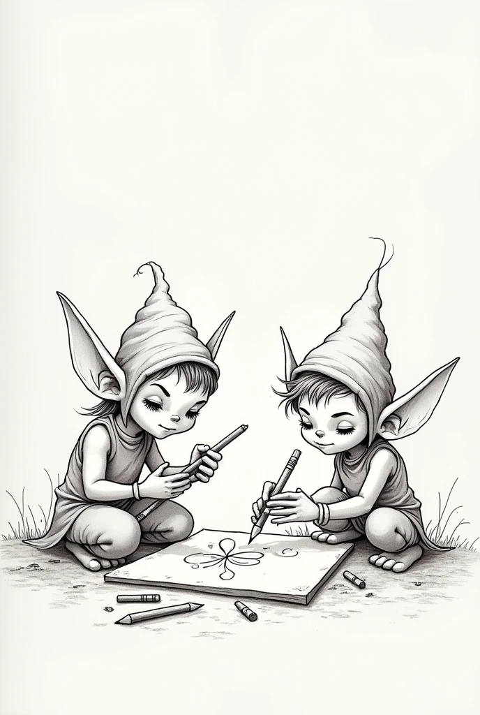 Playful elves, drawing without filling, only outline, realisitic