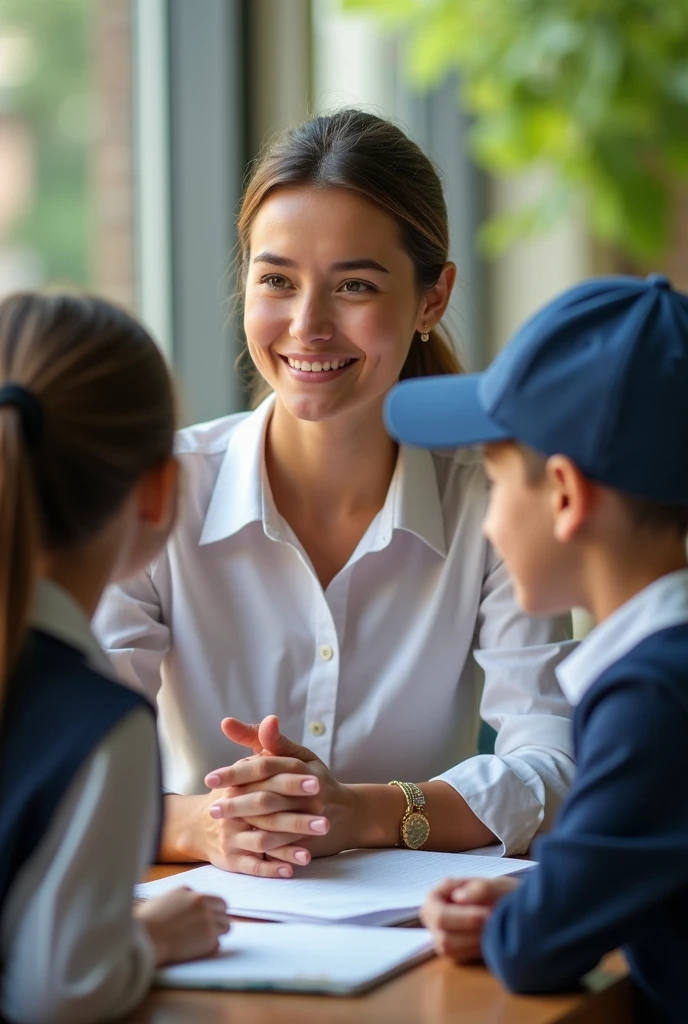 Create a photo of a teacher and two students, one of them in uniform and the other with a cap. Women 
