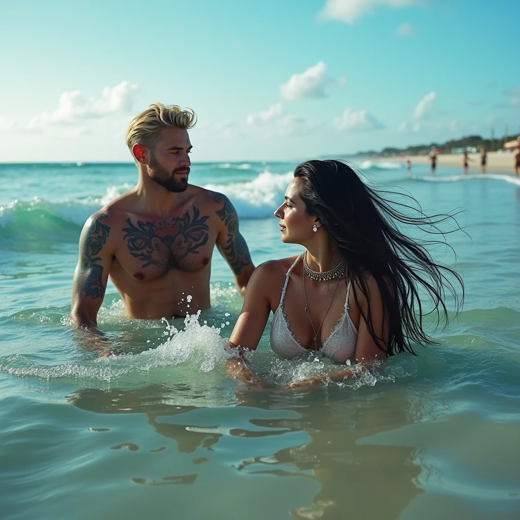 A beautiful Instagram model, (long black hair , with her boyfriend, blonde, tattoos, beach hair