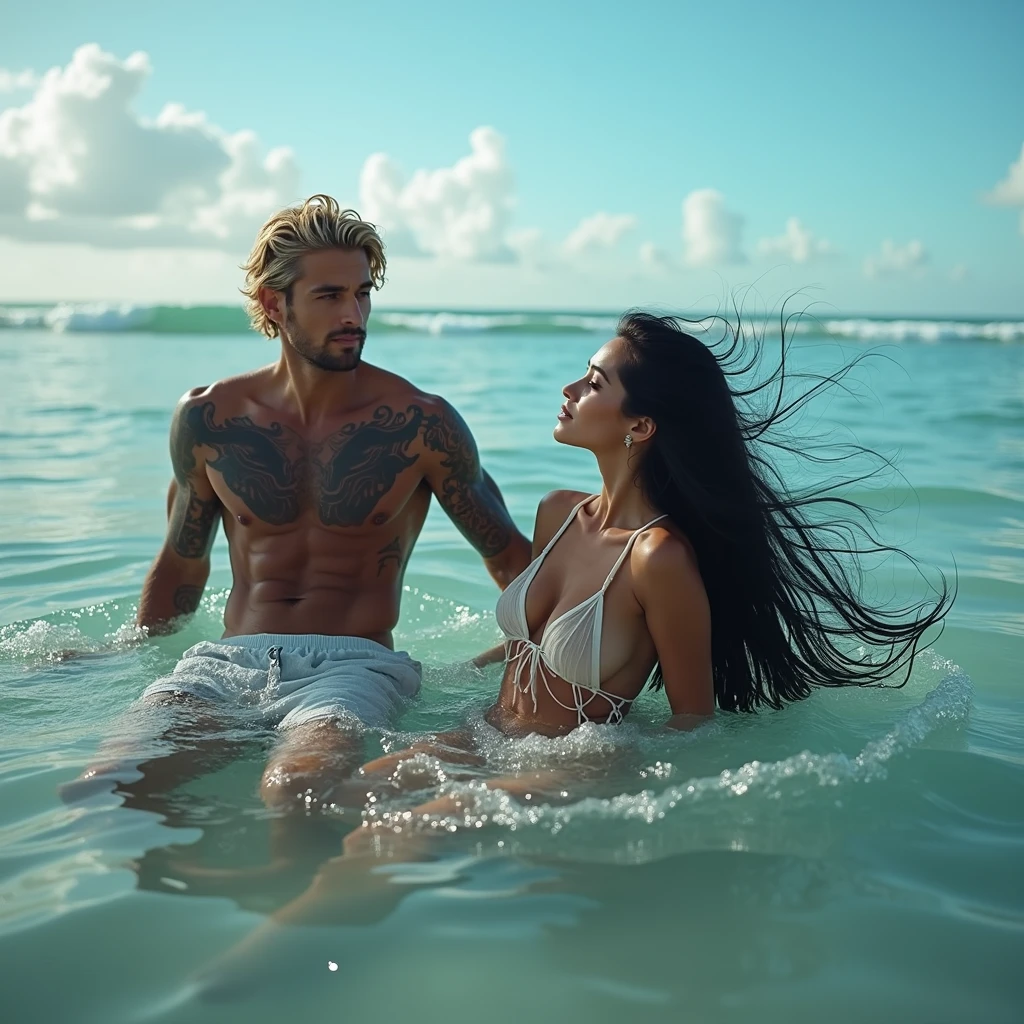 A beautiful Instagram model, (long black hair , with her boyfriend, blonde, tattoos, beach hair