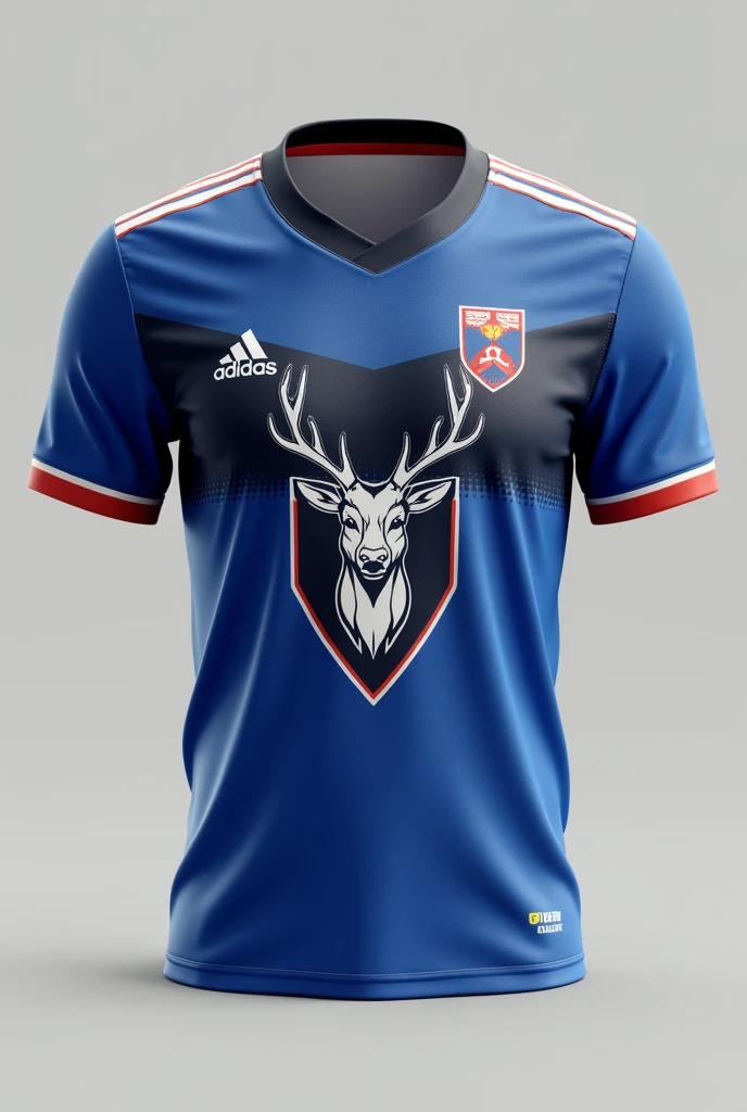 UNIFOrmE SENCILLO Y ELEGANTE PArA EL EQUIPO DE VENADITOS B.r.m. CON UN VENADO EN LA PArTE FrONTAL, COLOrES DEL UNIFOrmE AZUL CIN BLANCO Y VIVOS EN NEGrO Y rOJO
