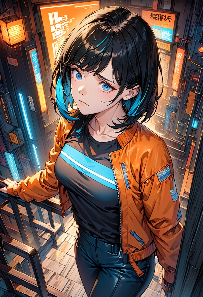 illustration, detailed illustration, ultra detailed, dynamic angle, cyberpunk, 50 year old woman, medium black hair, hair with cyan streaks, mismatched eyes, orange eye, blue eye, lean, medium breasts, black leather top, orange leather jacket, tired expression, cowboy shot, dark bar interior, dark environment