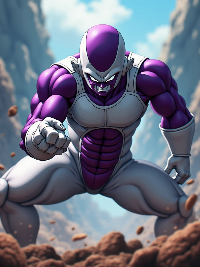 Un puissant personnage d'anime, Freezer, est accroupi, ses yeux plissés de détermination. Sa main droite est tendue, les doigts recourbés, prêt à frapper. L'éclairage est dramatique, mettant en valeur ses muscles et l'intensité de son expression. L'arrière-plan est un flou de couleurs et de mouvements, suggérant une bataille chaotique. Art numérique, style anime, Style Eiichiro Oda, composition dynamique, contraste élevé, couleurs vives, détails texturés, arrière-plan flou de mouvement.