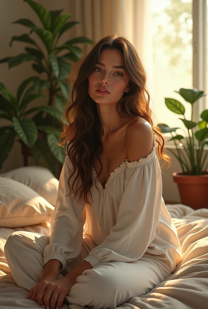 (photorealism:1.2), beautiful woman, sitting on bed, wearing loose off-shoulder top, pajama pants, long curly hair, indoors, soft lighting, plants in background, window with sunlight, cozy room, relaxed pose, realistic, intricate details, warm colors, by Greg Rutkowski, by Alphonse Mucha