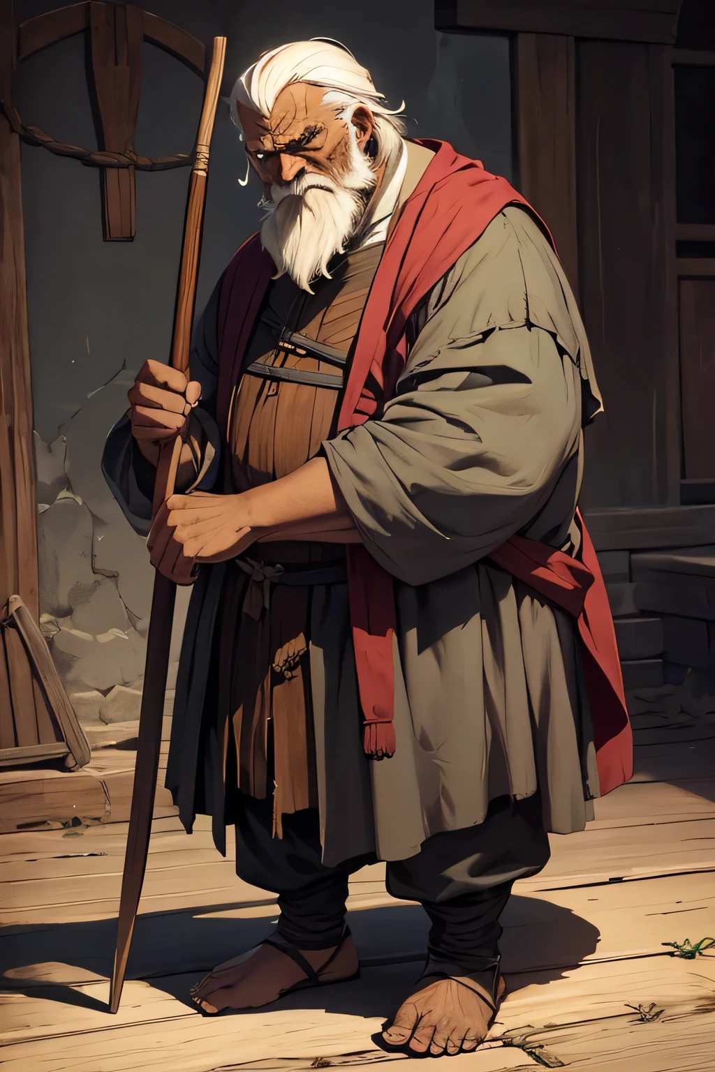A medieval hunchbacked old man, grumpy, darkskin, with a wooden cane, fully body.