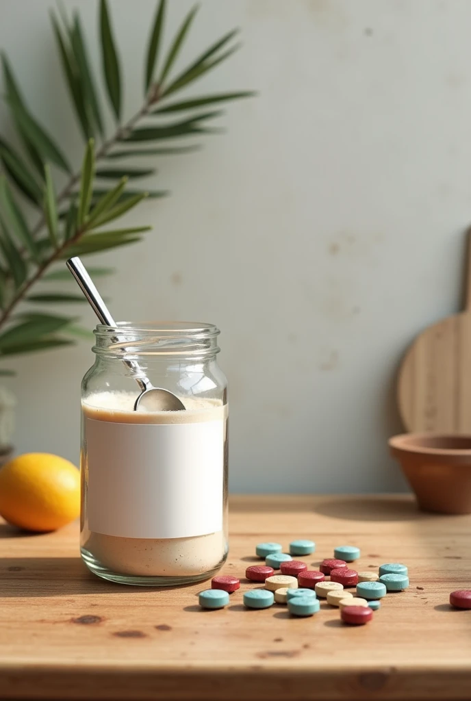 jar of protein next to vitamin pill tablets on a wooden table