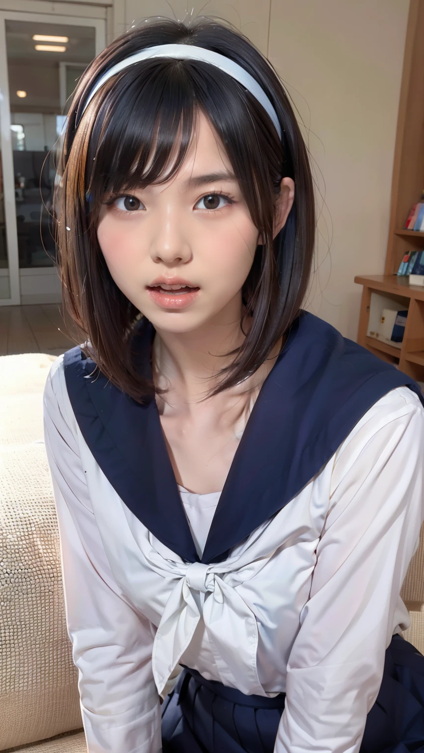 Photo quality,Masterpiece,Realistic,( cute Japanese girl:1.9),(Detailed young face:1.9),(Very embarrassed look:1.9),(Thin legs:1.9),(Wear light summer clothing:1.9),(Sit on the sofa and relax:1.9),((Droopy eyes:1.9)),((Body type of a 16 year old Tits:1.9)),(Cute school girl hairstyle:1.9),((Skinny Legs)),Very pale skin,Show your forehead,Detailed body,Detailed hands,No makeup