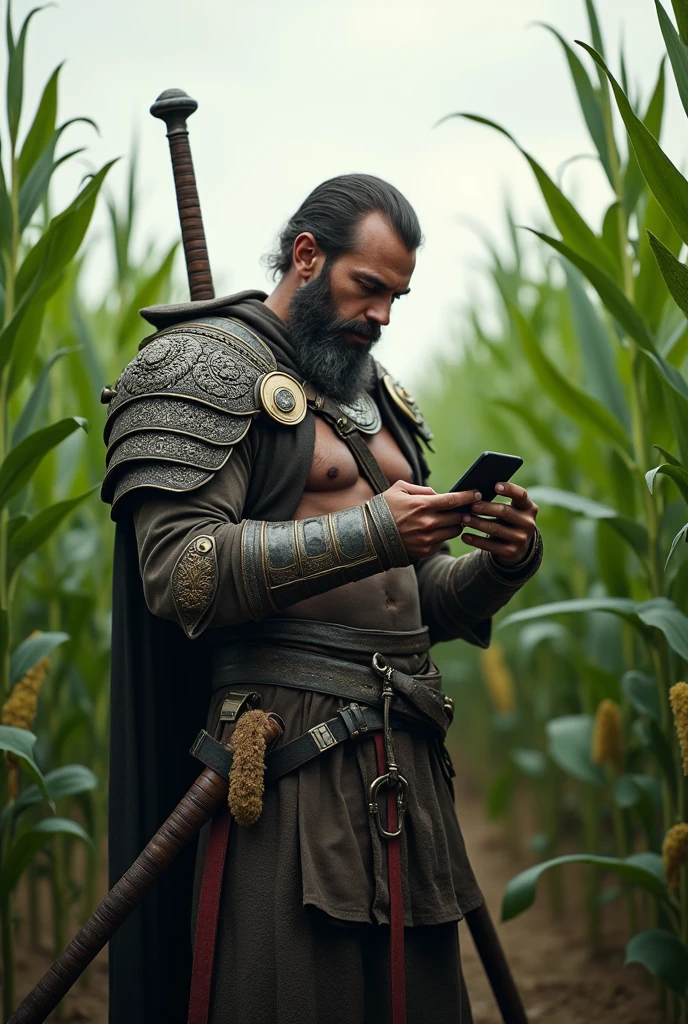 Warrior with swords looking at his phone and corn in the background